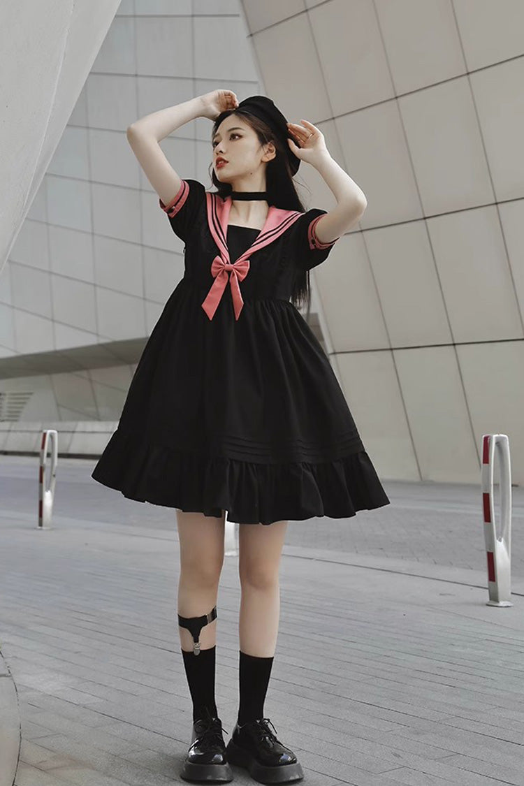 Black Voyage To Atlantis Navy Style Short Sleeves Ruffle Gothic Lolita Dress