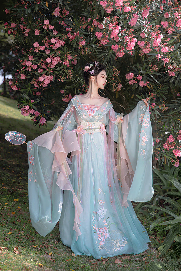 Gorgeous Embroidery With Pearl Accessories Women's Sweet Hanfu Dress Full Set 3 Colors