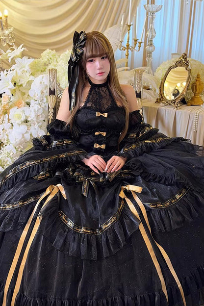 Black [Obsidian Banquet] Double-Layered Ruffled Hanayome Bow Lace Sweet Gothic Princess Lolita Jsk Dress