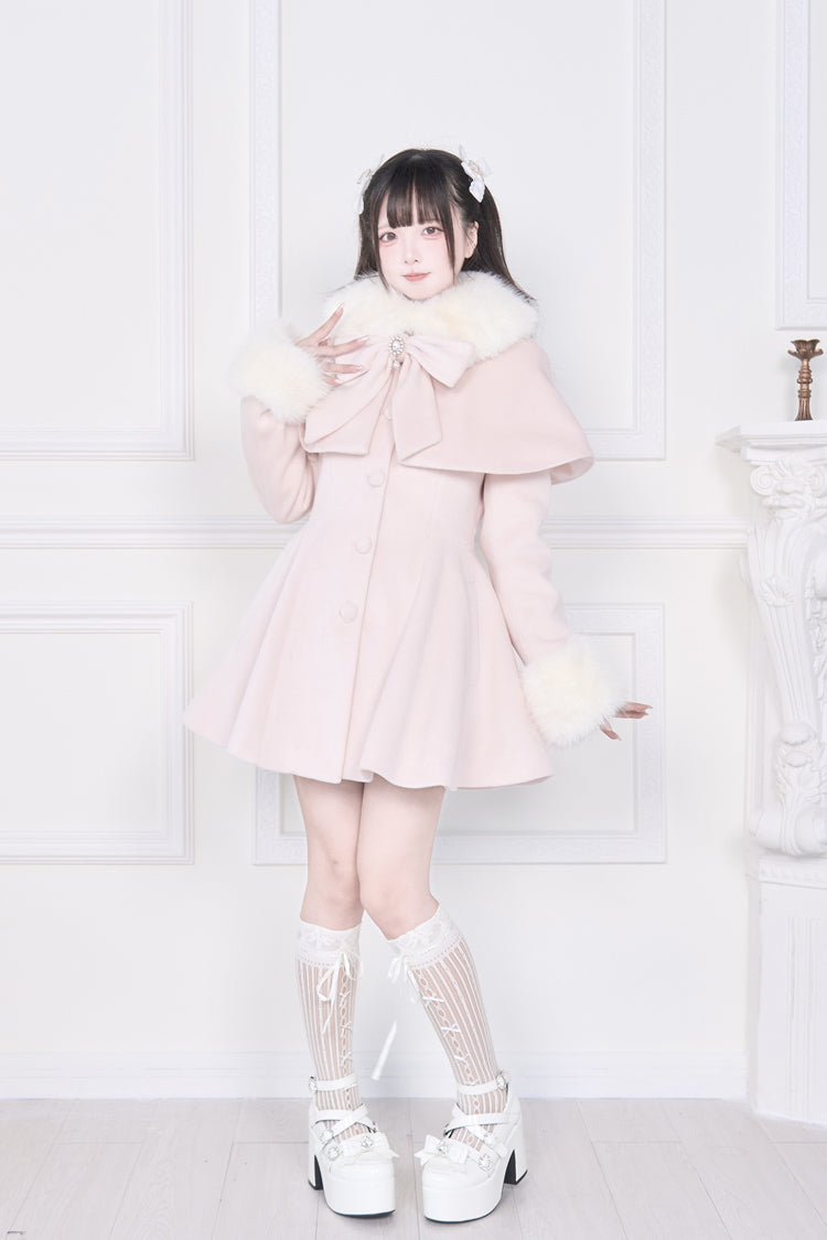 Pink Plush Collar Long Sleeves Bowknot Japanese Sweet Lolita Coat