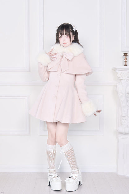 Pink Plush Collar Long Sleeves Bowknot Japanese Sweet Lolita Coat