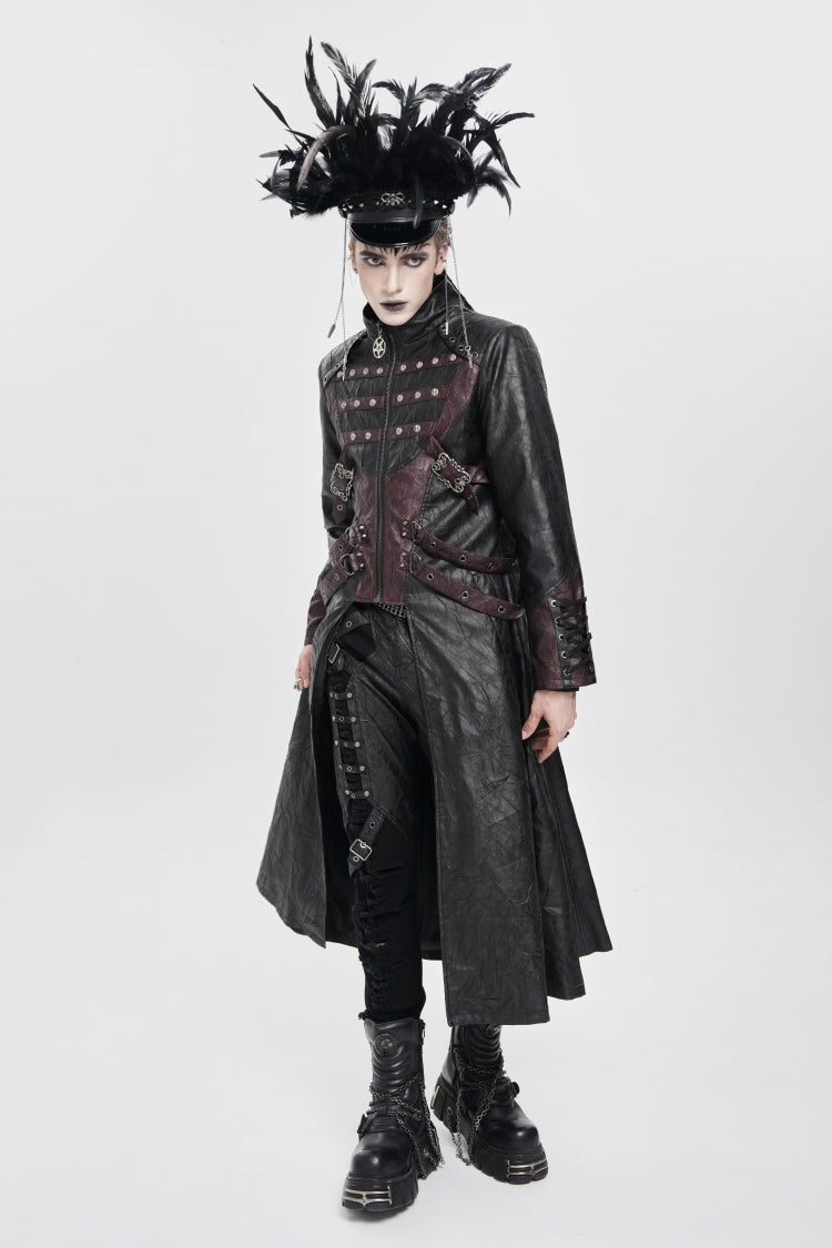 Black/Red Stand Collar Zipper Straps Eyelet Men's Punk Coat