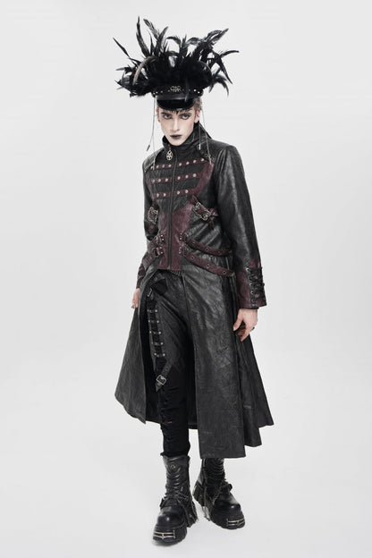 Black/Red Stand Collar Zipper Straps Eyelet Men's Punk Coat