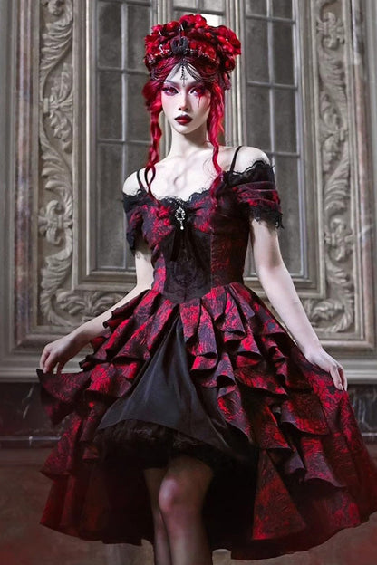 Black/Red Feast in Hades Short Sleeves Print Ruffle Cardigan Gothic Lolita Dress