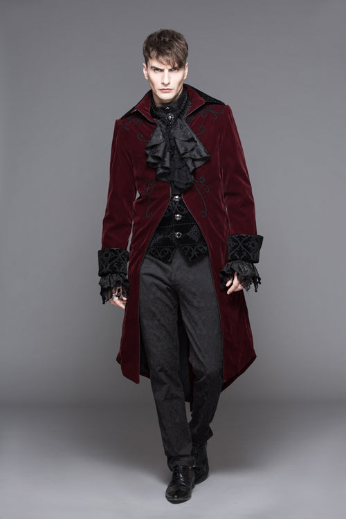 Red Party Fake Two Pieces Velvet Mens Gothic Long Coat