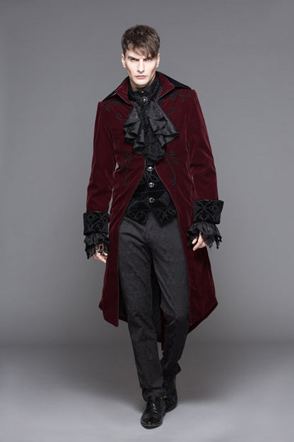 Red Party Fake Two Pieces Velvet Mens Gothic Long Coat