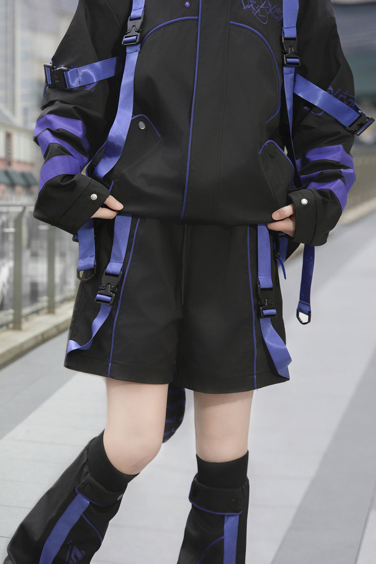 Blue/Black Long Sleeves Print Cat Ears Hooded Jirai Kei Handsome Coat
