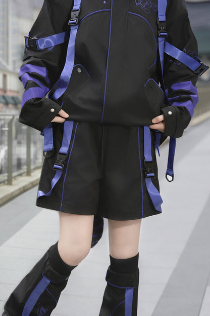 Blue/Black Long Sleeves Print Cat Ears Hooded Jirai Kei Handsome Coat