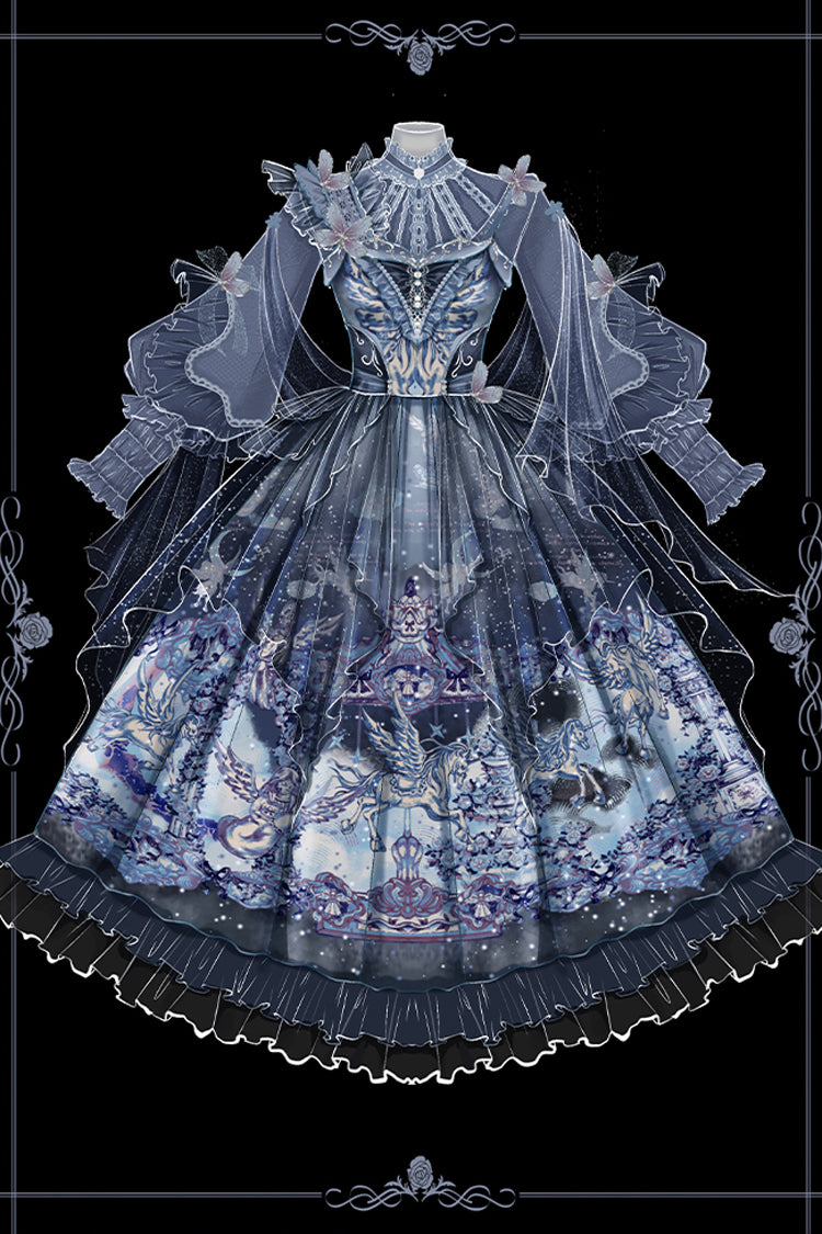 Blue [Angel Garden] Print Ruffle Bowknot Asymmetric Classic Elegant Lolita Jsk Dress