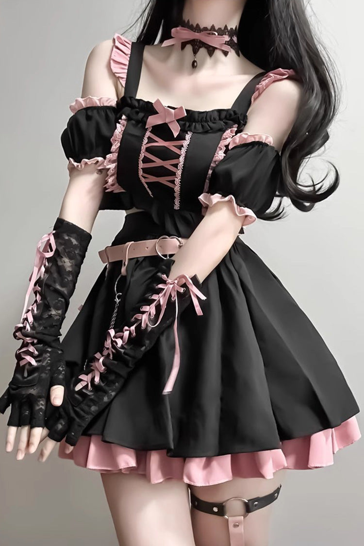 Black/Pink Tie Bow Gothic Sweet Lolita Strapless Skirt Dress 2 Pieces Set