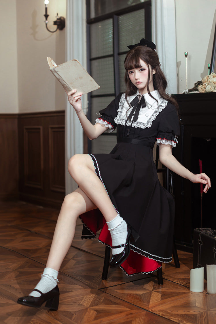 Black/White [Rosalind] Lapel Collar Short Sleeves Bow Lace Gothic Maid Lolita Dress
