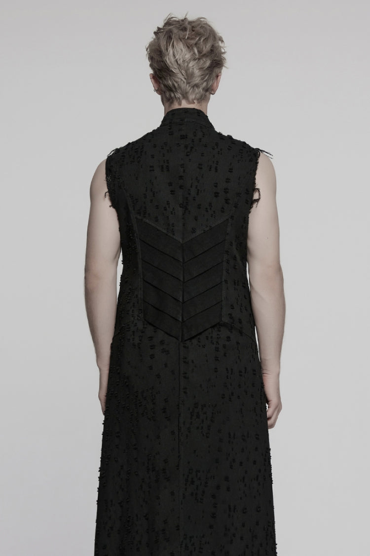 Black Stand Collar Sleeveless Cross Distressed Embroidery Men's Gothic Long Vest