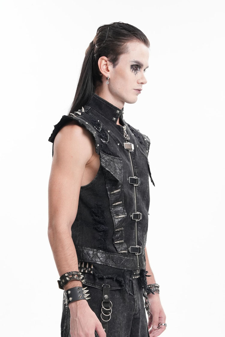 Black Stand Collar Sleeveless Rivets Chain Rings Men's Gothic Vest