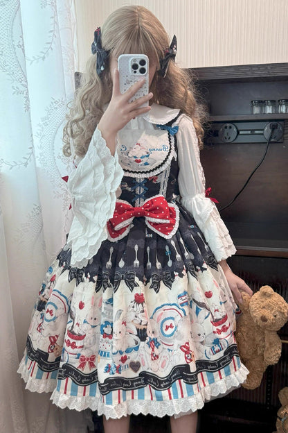 Black [Mystery Rabbit Tea Party] Sleeveless Print Ruffle Bowknot Lace Sweet Lolita Jsk Dress