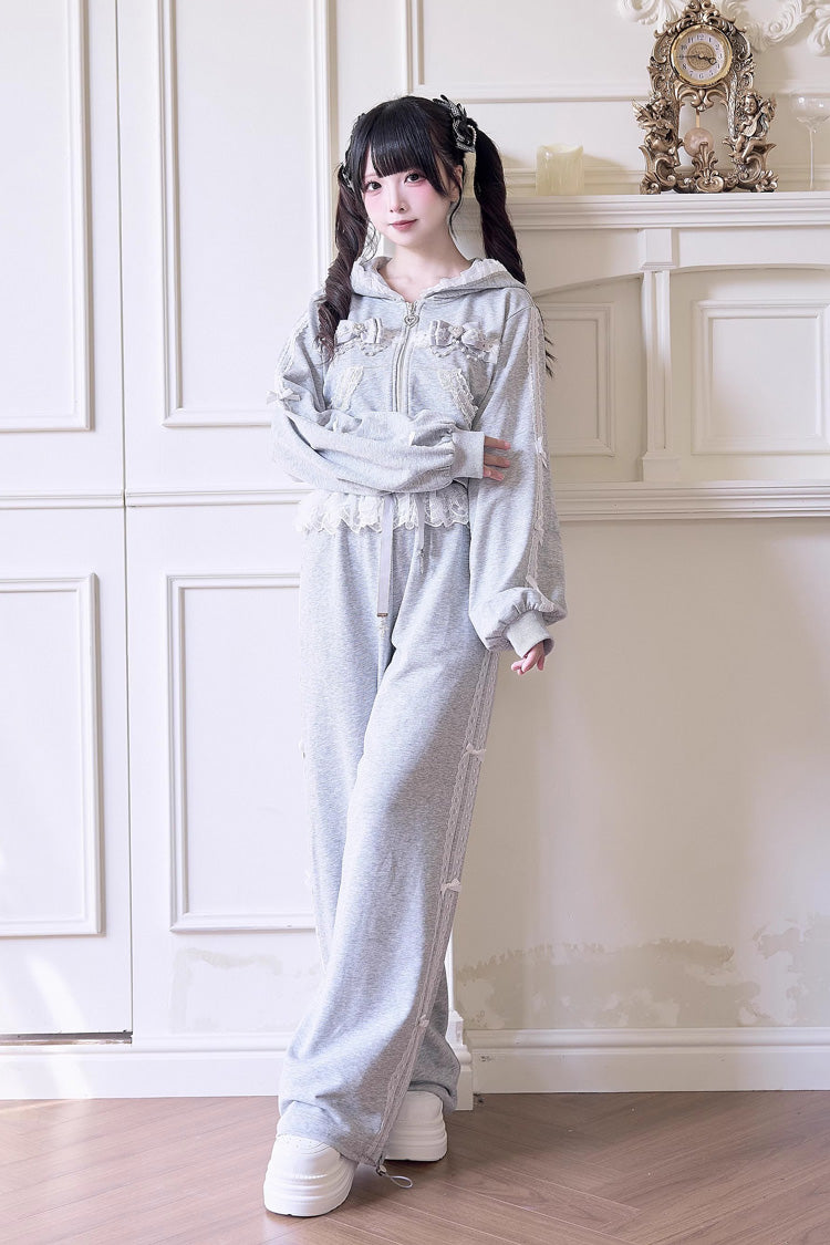 Sweet Long Sleeves Bowknot Lace Hooded Jirai Kei Hoodie Pants Set 3 Colors
