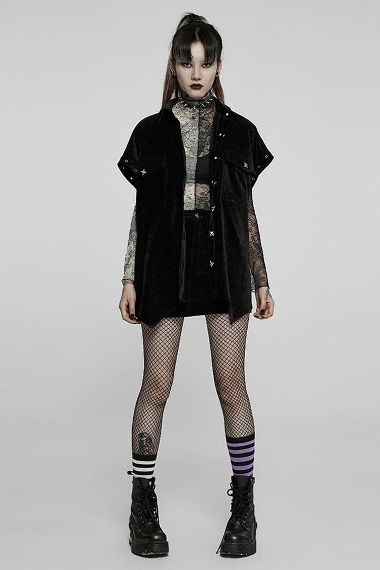 Black Punk Loose Velvet Two Way Split Detachable Long Sleeve Irregular Hem Long Pocket Women's Shirt