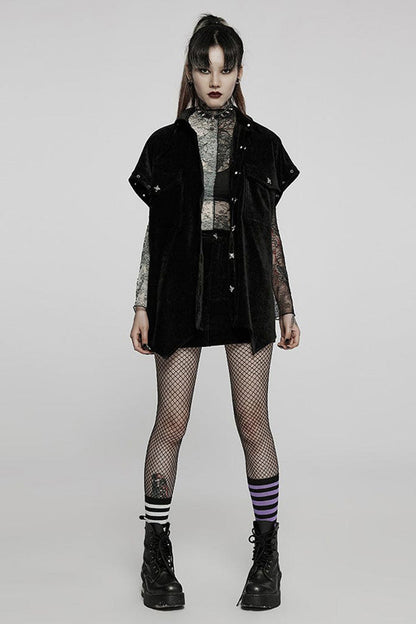Black Punk Loose Velvet Two Way Split Detachable Long Sleeve Irregular Hem Long Pocket Women's Shirt