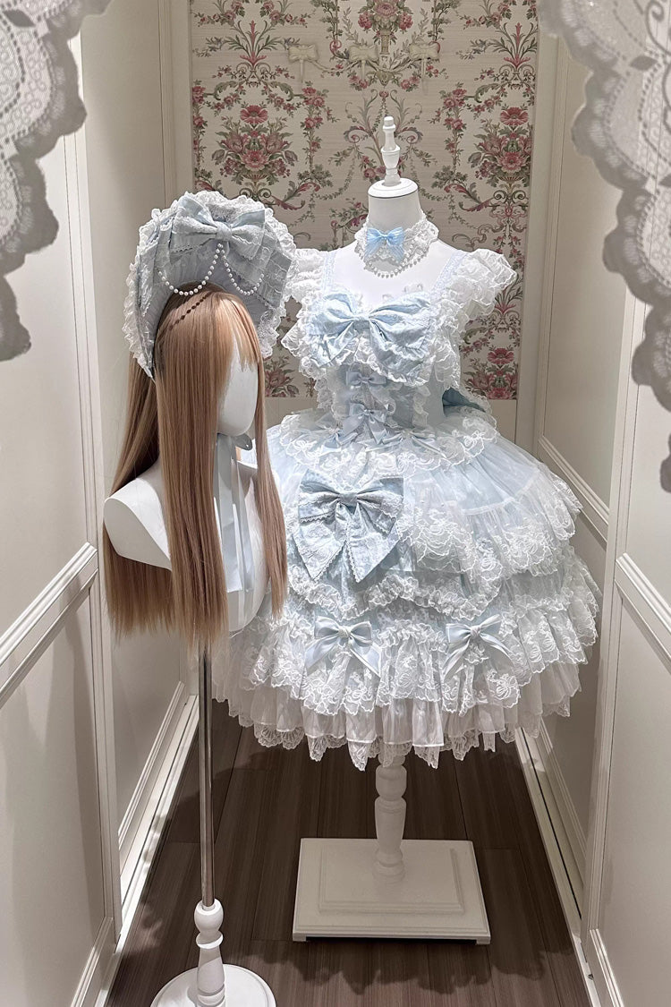 Blue [Sakura Dream Romance] Sleeveless Multi-Layered Ruffled Hanayome Bow Lace Sweet Princess Lolita Jsk Dress