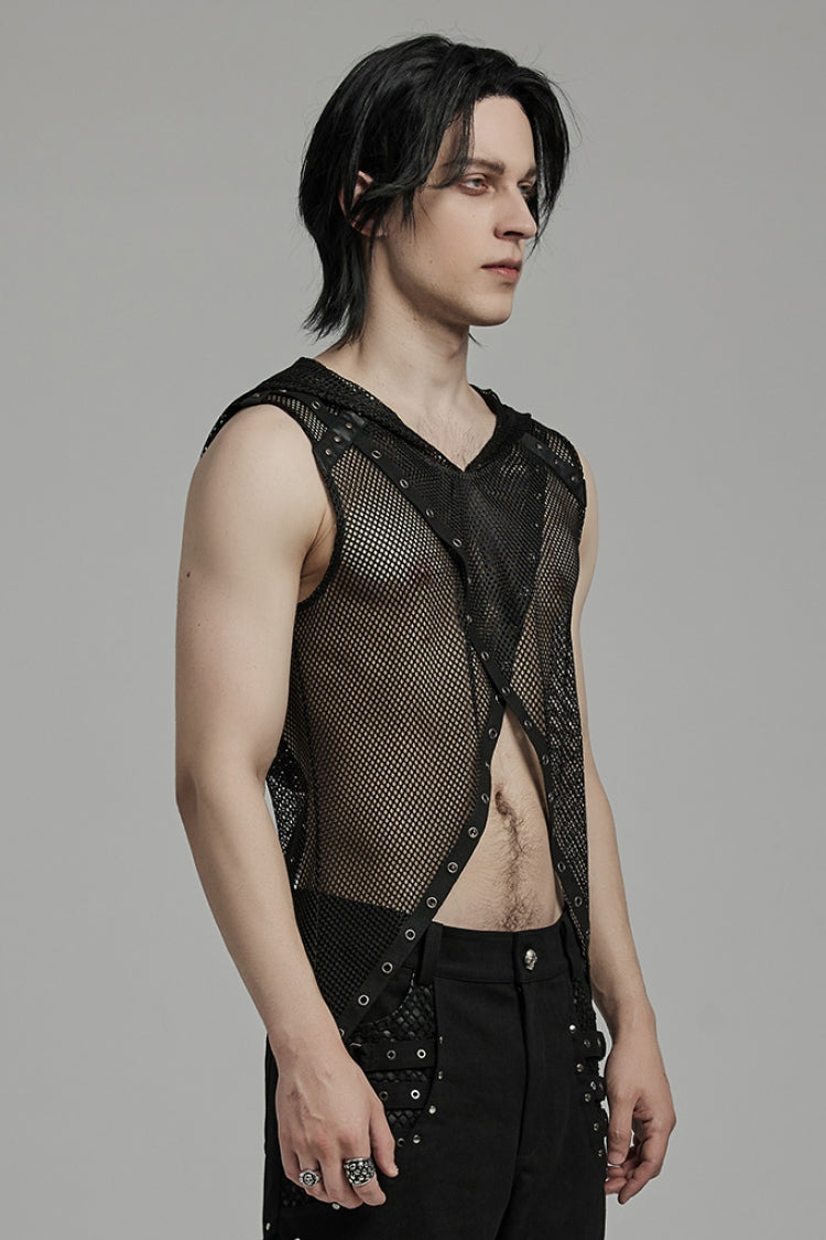Black Sleeveless Irregular Hooded Mesh Eyelet Men's Punk Vest