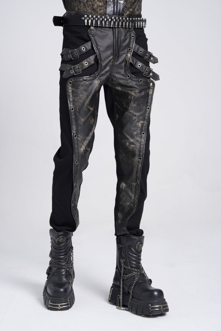Black/Grey Faux Leather Stitching Buckle Men's Punk Pants