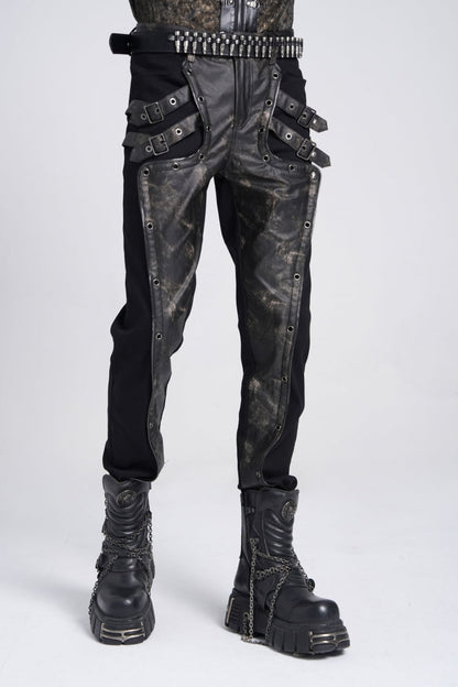 Black/Grey Faux Leather Stitching Buckle Men's Punk Pants