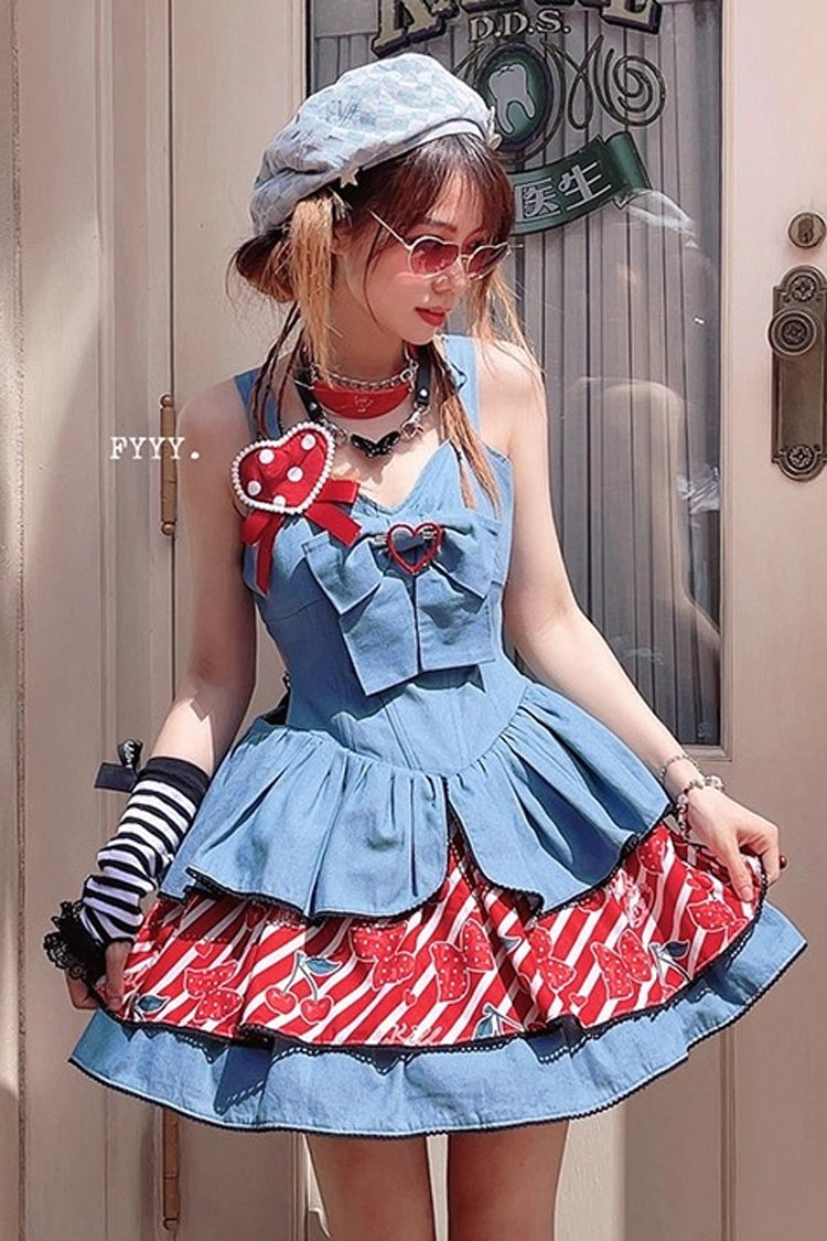 Blue [Cherry] Sleeveless Triple-Layered Print Ruffle Bowknot Denim Sweet Japanese Vintage Lolita Jsk Dress