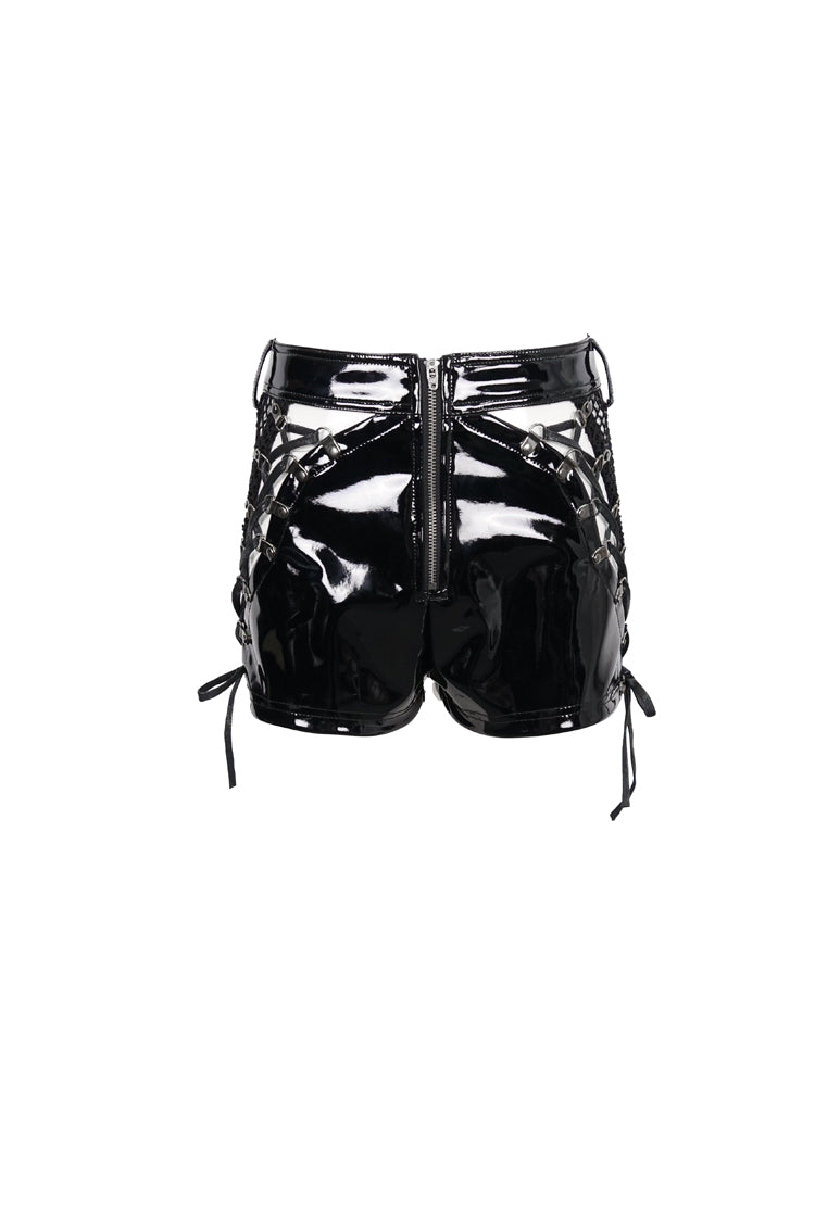 Black Stretch Shiny Panel Diamond Mesh Sexy Women's Gothic Shorts