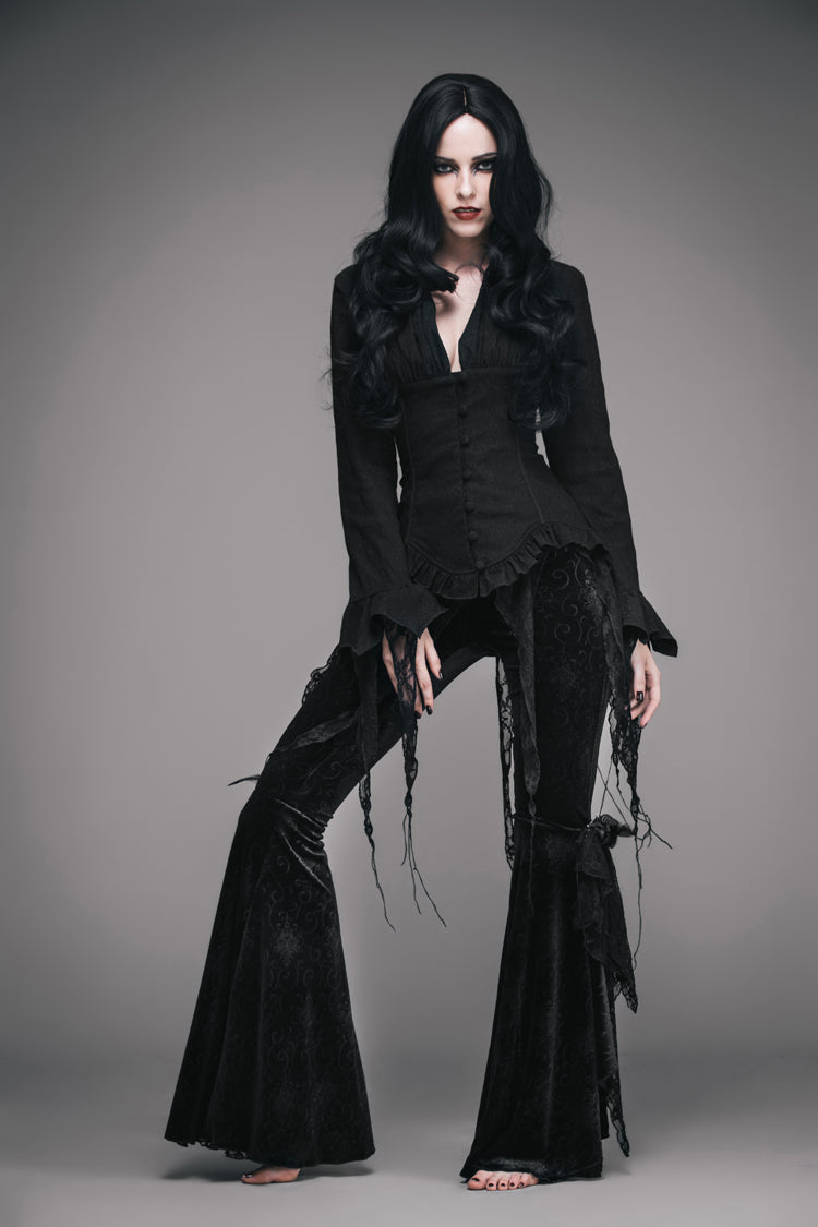 Black Retro Slim Deep V-Neck Tassel Long Sleeve Punk Blouse
