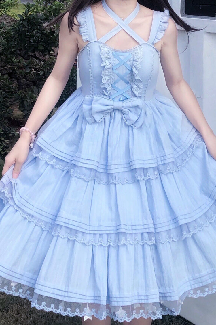 Blue First Love Triple-Layered Ruffle Bowknot Lace Sweet Lolita Jsk Dress