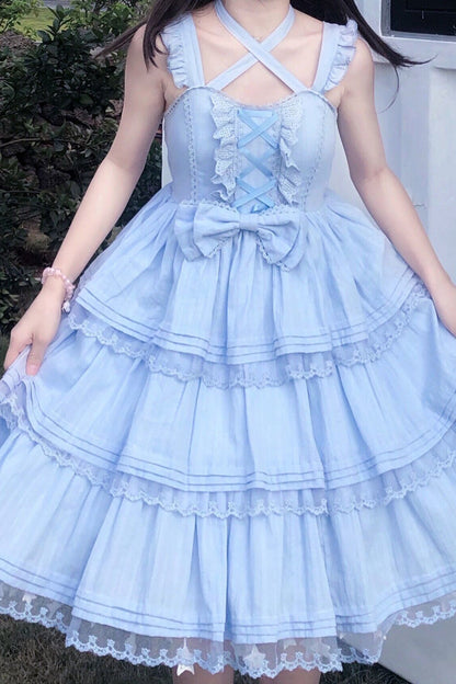 Blue First Love Triple-Layered Ruffle Bowknot Lace Sweet Lolita Jsk Dress