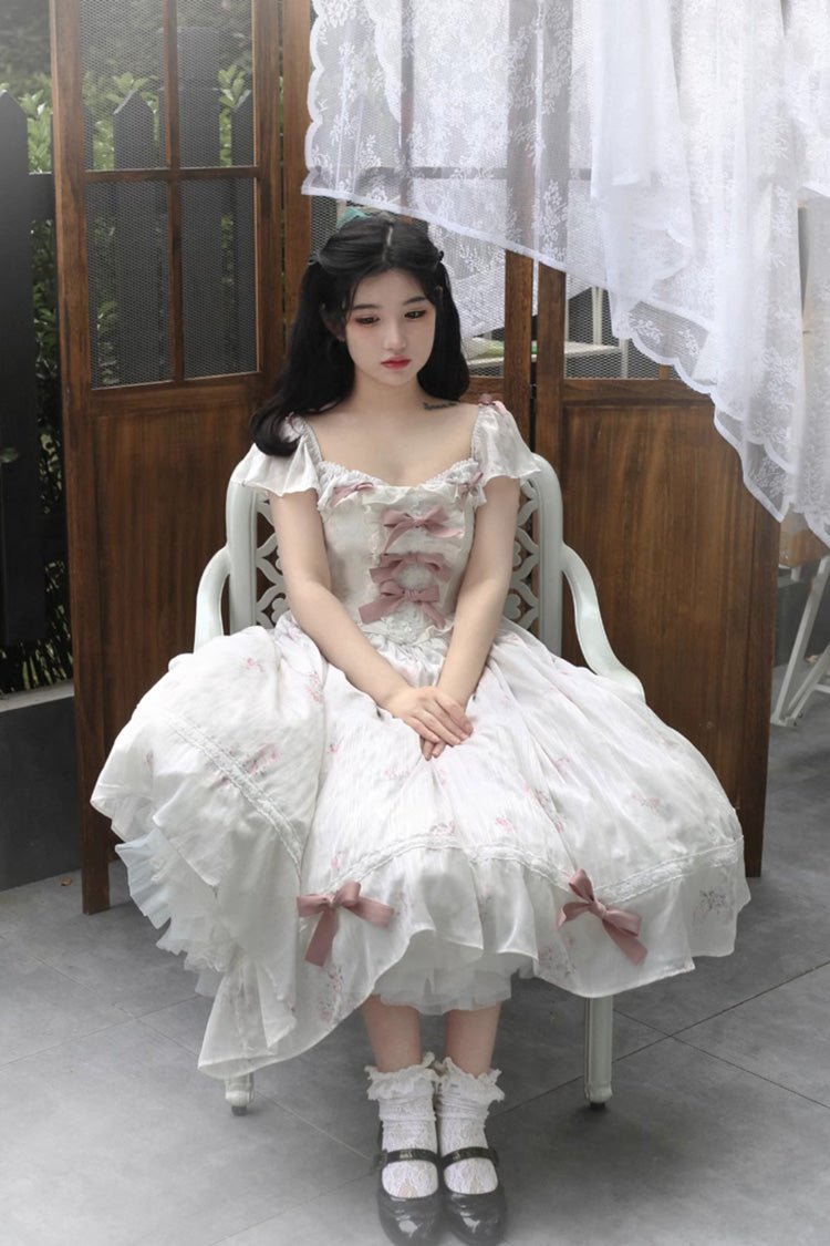 Rose Elegant Short Sleeves Print Ruffle Bowknot Sweet Plus Size Lolita Dress 2 Colors