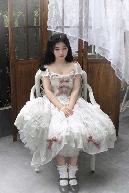 Rose Elegant Short Sleeves Print Ruffle Bowknot Sweet Plus Size Lolita Dress 2 Colors