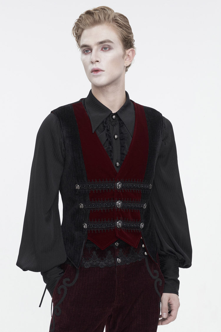 Black/Red Irregular Velvet Splice Corduroy Men's Gothic Waistcoat