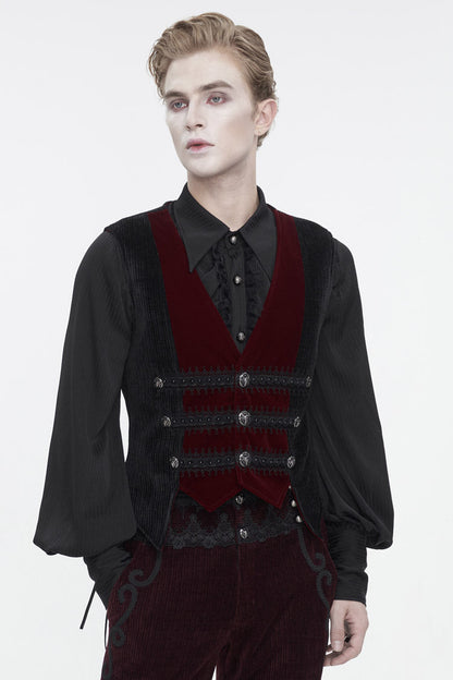 Black/Red Irregular Velvet Splice Corduroy Men's Gothic Waistcoat