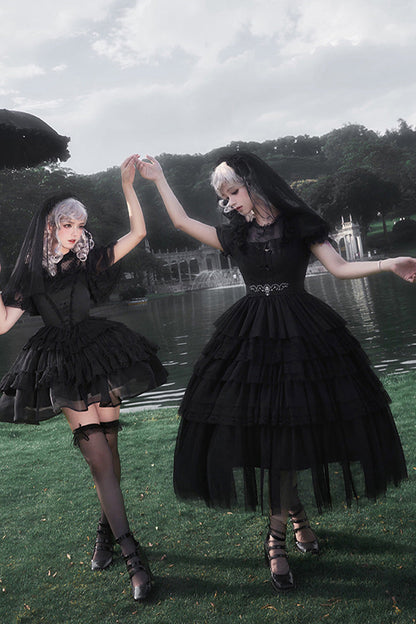 Black Twin Ivory Towers Short Sleeves Five-Layered Ruffle Gothic Lolita Dress