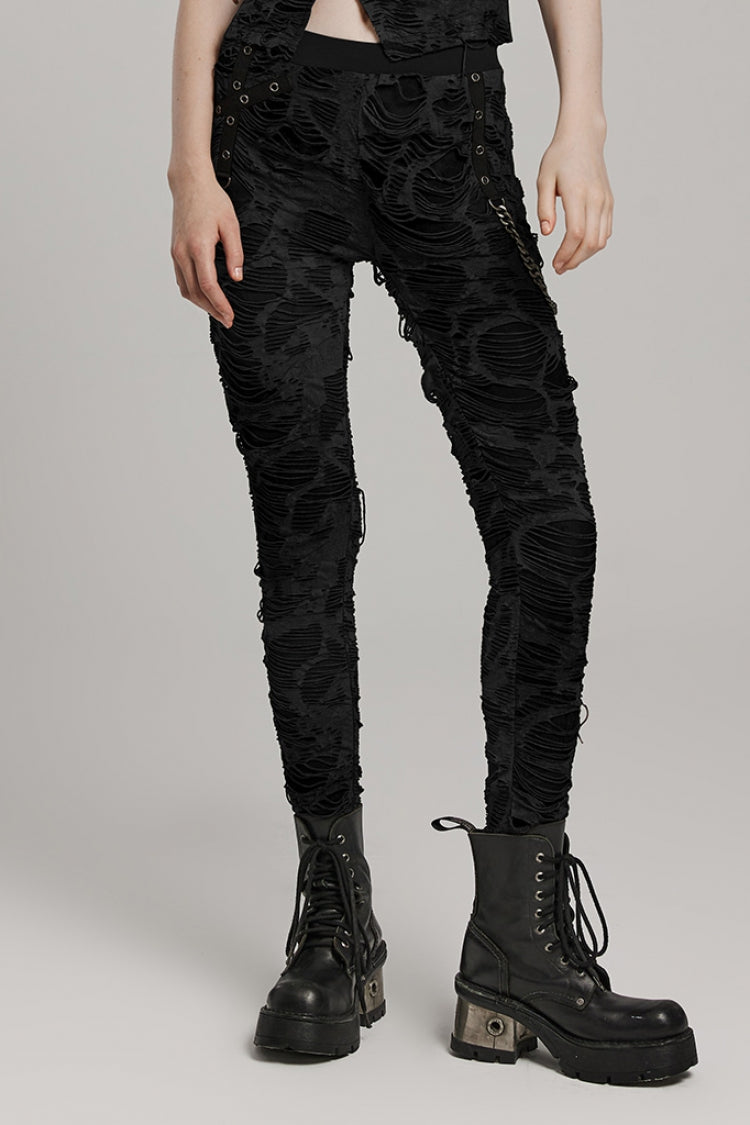 Slim Ripped Eyelet Chain Women's Steampunk Leggings 2 Colors
