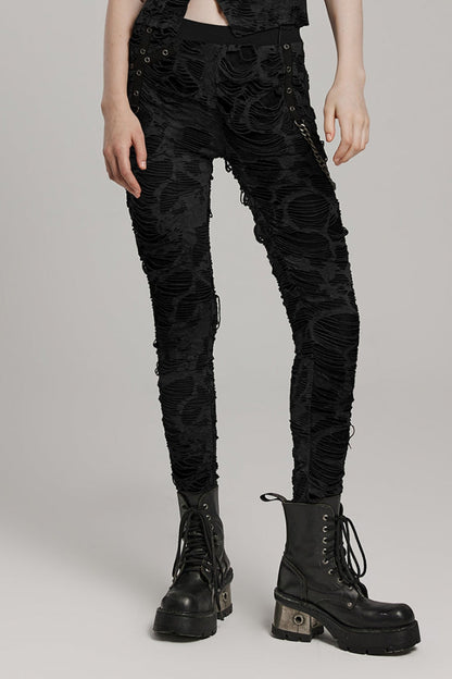 Slim Ripped Eyelet Chain Women's Steampunk Leggings 2 Colors