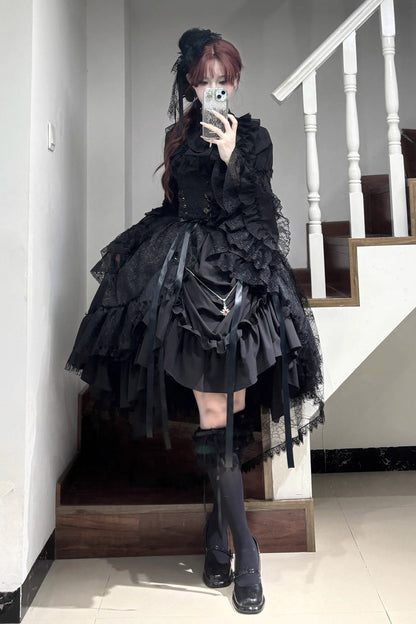 Black [Eternal Taboo] Long Hime Sleeves Ruffled Bow Gothic Lolita Skirt Dress Set