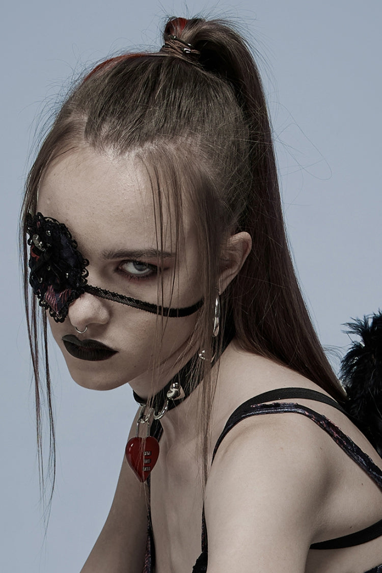 Black/Red Metal Skull Decoration Lace Heart Women's Gothic Eye Mask