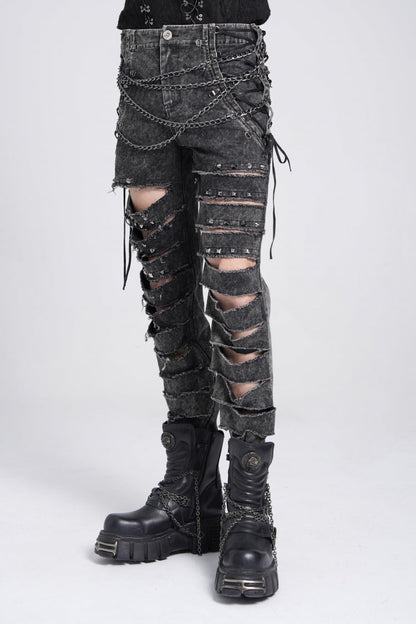 Black Ripped Rivet Men's Punk Pants with Chain