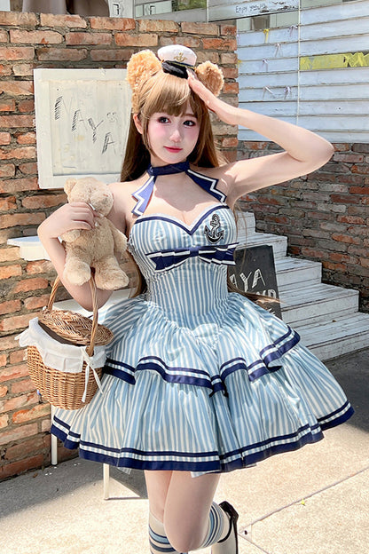 Blue [Sailing Sweetheart] Double-Layered Vertical Stripes Print Ruffle Bowknot Sweet Lolita Dress
