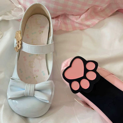 Cute Cat Element Round-Toe Bow Mary Jane Shoes with Cat Paw Heels 7 Colors