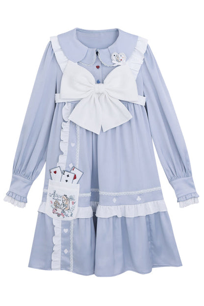 Blue Doll Collar Single Breasted Princess Sleeves High Waist Magic Playing Cards Sweet Lolita OP Dress