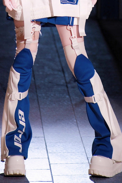 White/Blue [Zero-Type Transformation] Techwear Long Sleeves Embroidered Hooded Punk Jirai Kei Shorts Coat Set