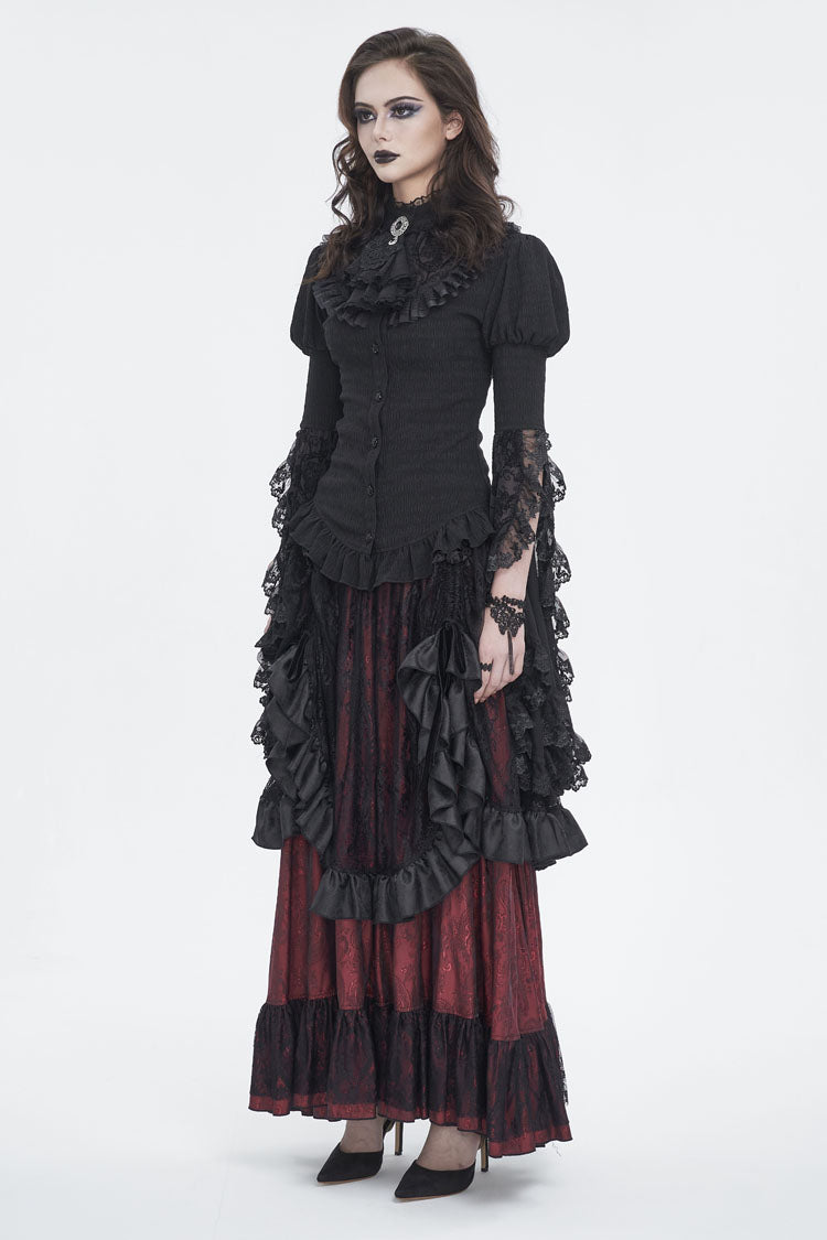 Black Stand Collar Trumpet Sleeves Ruffle Embroidery Lace Women's Gothic Blouse