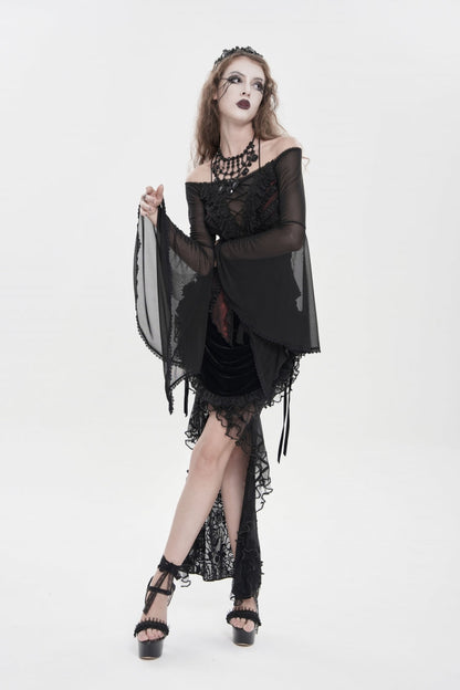 Black/Red Off Shoulder Long Trumpet Sleeves Ruffled Embroidered Lace-Up Women's Gothic Blouse