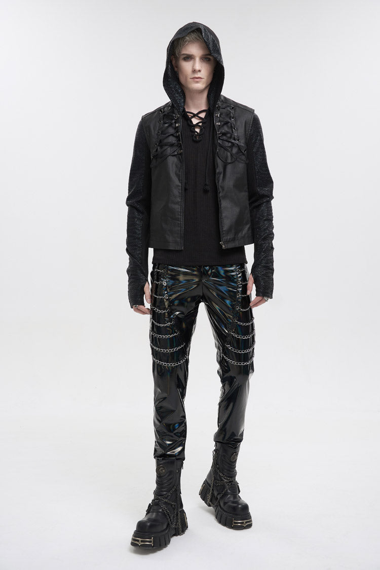 Black Stretch Symphony Metal Chains On Both Sides Versatile Leather Men's Gothic Pants