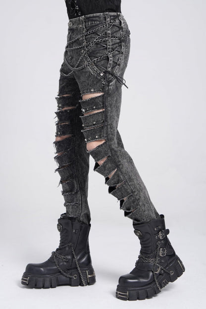 Black Ripped Rivet Men's Punk Pants with Chain