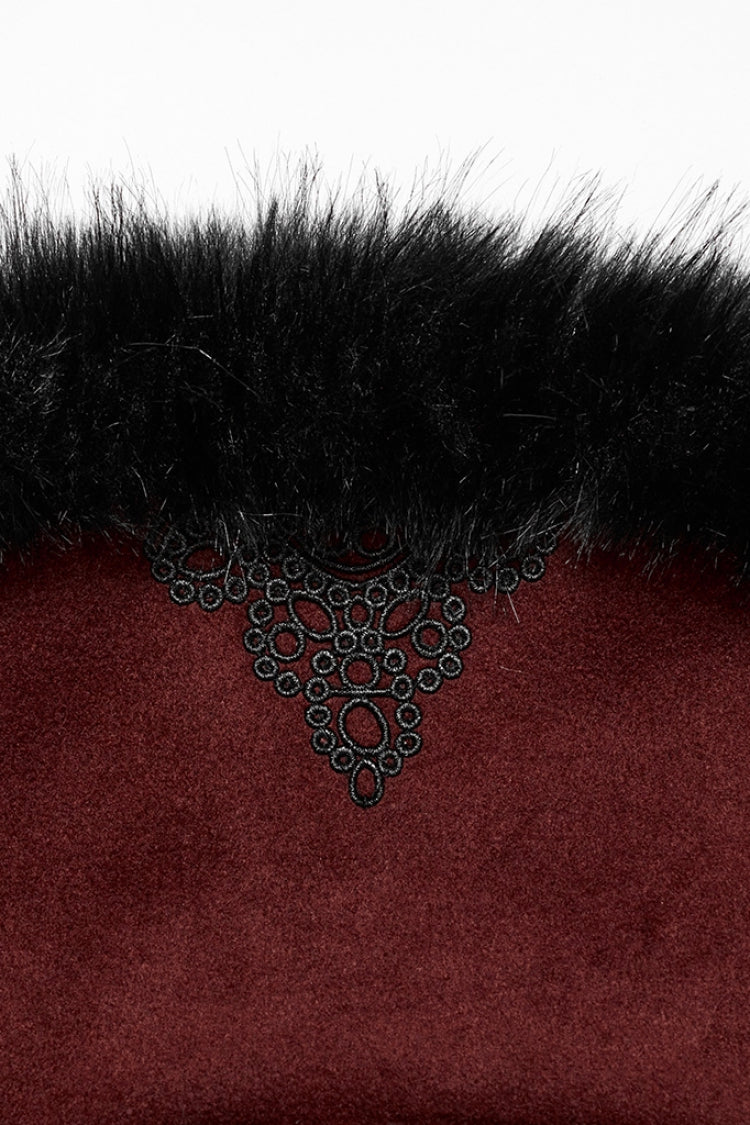 Red Long Sleeves Faux Fur Stitching Lace-Up Detachable Women's Gothic Coat