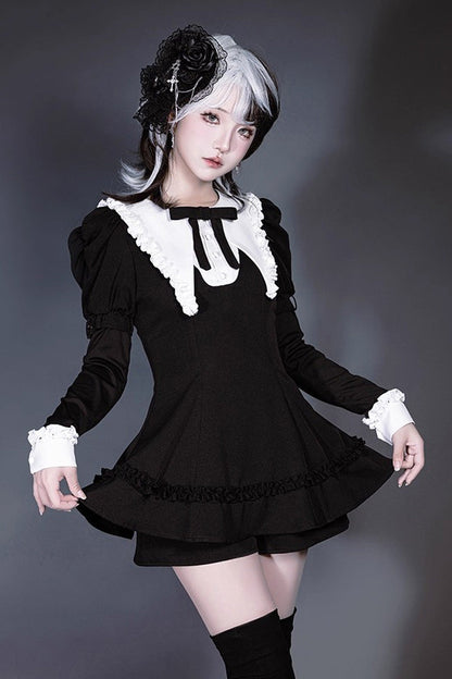 Black/White Long Sleeves Ruffle Bowknot Jirai Kei Japanese Witch Set